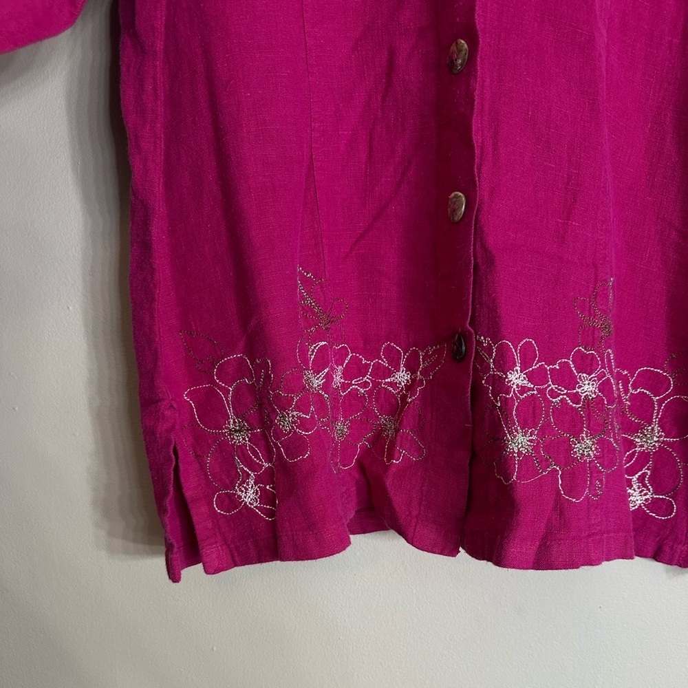 vintage DONNA Pink Button-Up Shirt with Floral Embroidery small 100% linen - Picture 2 of 6
